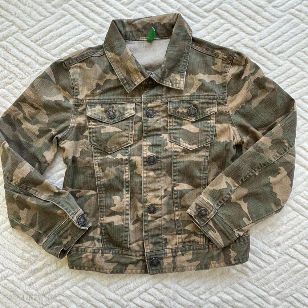 United Colors of Benetton Kids Size 6-7 Camo Denim Jean Jacket Army Green Fall